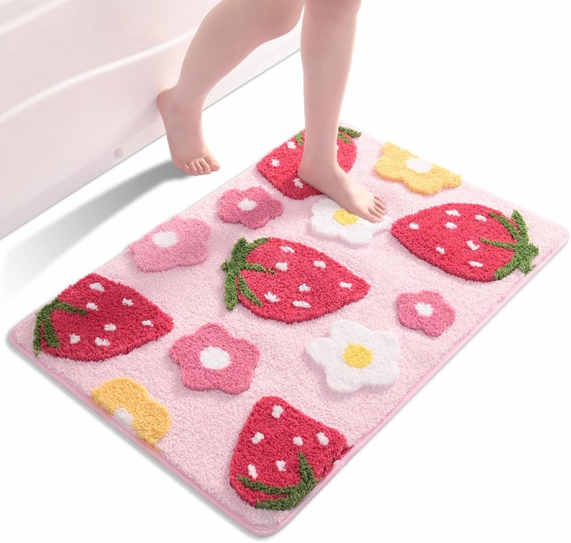 ANYBAR Pink Bathroom Rugs Cute Strawberry Flower Bath Mat Bathroom Accessories, Funny Colorful Non Slip Floor Bath Rug Machine Washable Bathmat Soft Microfiber Carpet for Shower, Bathtub (24x36 inch) - Image 1