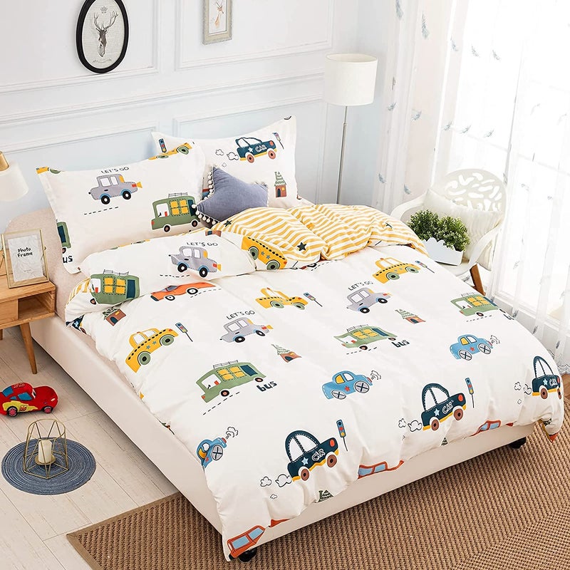 DJY Cars Kids Duvet Cover Set Full Size, 3 Pieces 100% Cotton Kids Bedding Set for Boys Girls, Reversible Yellow Stripes Comforter Cover Set (1 Duvet Cover+2 Pillowcases) - Image 2