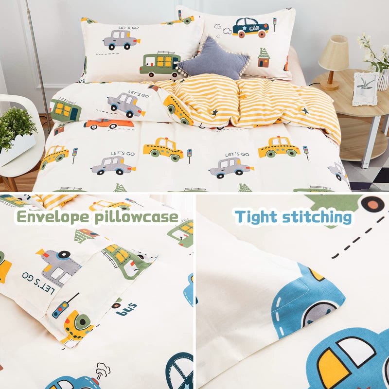DJY Cars Kids Duvet Cover Set Full Size, 3 Pieces 100% Cotton Kids Bedding Set for Boys Girls, Reversible Yellow Stripes Comforter Cover Set (1 Duvet Cover+2 Pillowcases) - Image 5