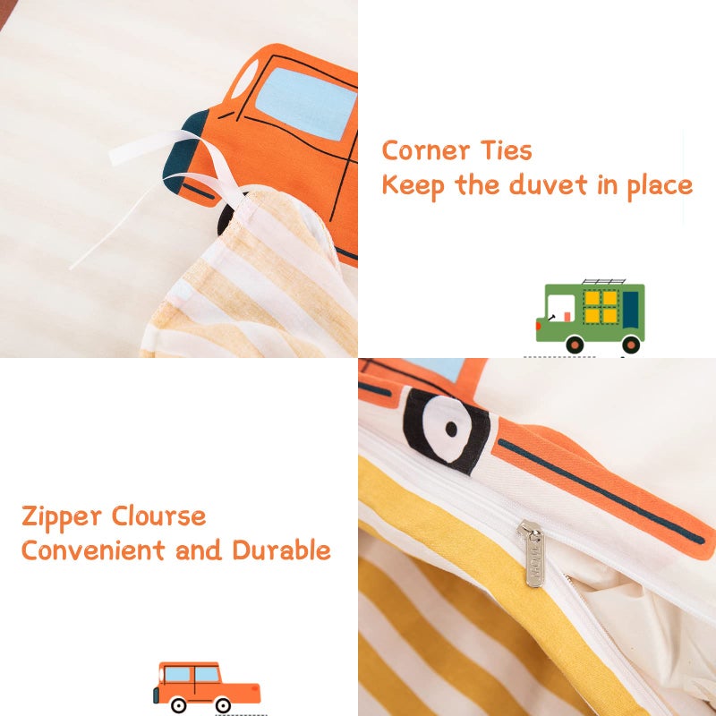 DJY Cars Kids Duvet Cover Set Full Size, 3 Pieces 100% Cotton Kids Bedding Set for Boys Girls, Reversible Yellow Stripes Comforter Cover Set (1 Duvet Cover+2 Pillowcases) - Image 4