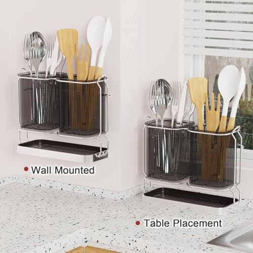 First-zgel Utensil Holder Counter, 6.7" Plastic Silverware Caddy, Utensil Holder for Party, 2 Cup Flatware Organizer for Kitchen Wall Mount, Forks Spoons Knives Storage with Drain Tray (Black) - Image 5