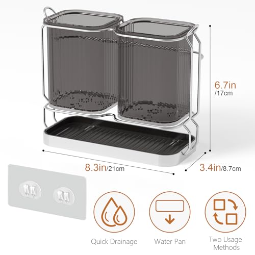 First-zgel Utensil Holder Counter, 6.7" Plastic Silverware Caddy, Utensil Holder for Party, 2 Cup Flatware Organizer for Kitchen Wall Mount, Forks Spoons Knives Storage with Drain Tray (Black) - Image 4