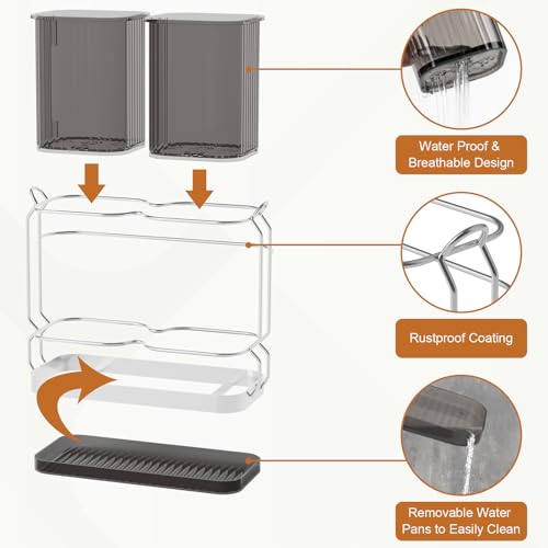 First-zgel Utensil Holder Counter, 6.7" Plastic Silverware Caddy, Utensil Holder for Party, 2 Cup Flatware Organizer for Kitchen Wall Mount, Forks Spoons Knives Storage with Drain Tray (Black) - Image 2