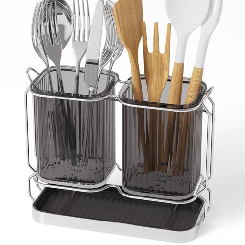 First-zgel Utensil Holder Counter, 6.7" Plastic Silverware Caddy, Utensil Holder for Party, 2 Cup Flatware Organizer for Kitchen Wall Mount, Forks Spoons Knives Storage with Drain Tray (Black) - Image 1