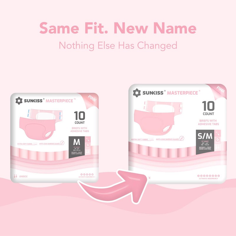 SUNKISS Masterpiece Adult Diapers with Tabs, Unisex Disposable Incontinence Briefs for Women and Men, Odor Control, Pink, Small/Medium, Previously Medium,10 Count - Image 4