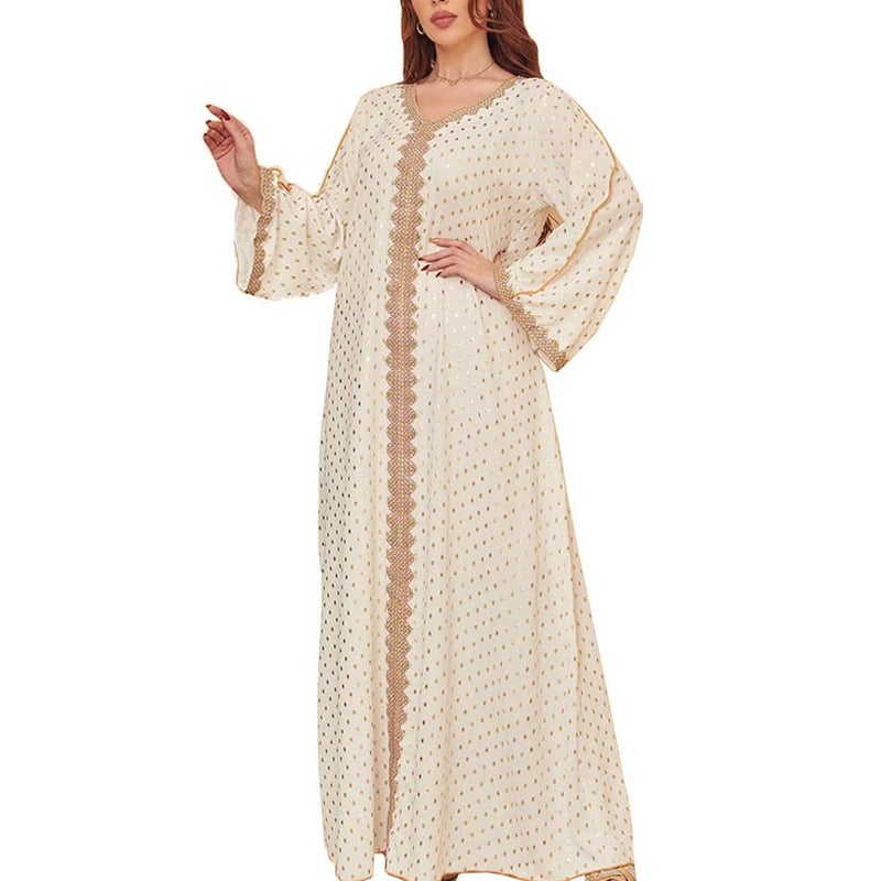FPOVFPO Womens Muslim Abaya Dress One-Piece V Neck Bronzing Dress Islamic Full Length Kaftan Daily Casual Dress White - Image 4