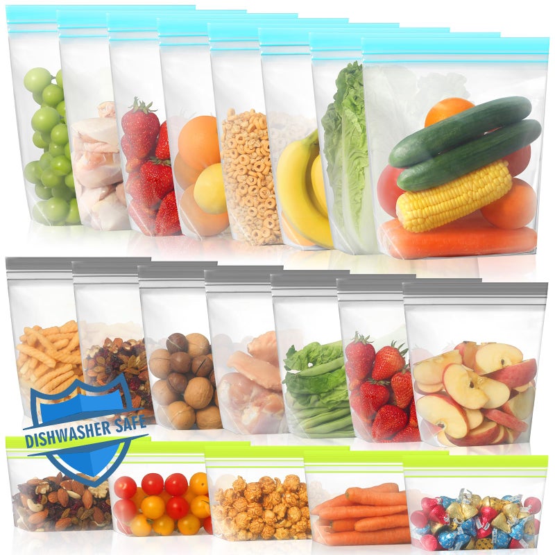 Lerine 20 Pack Reusable Freezer Bags Dishwasher Microwave Safe Stand Up Silicone and BPA Free Reusable Sandwich Bags Leakproof Food Storage Bags for Meal Prep 8 Gallon 7 Sandwich 5 Snack