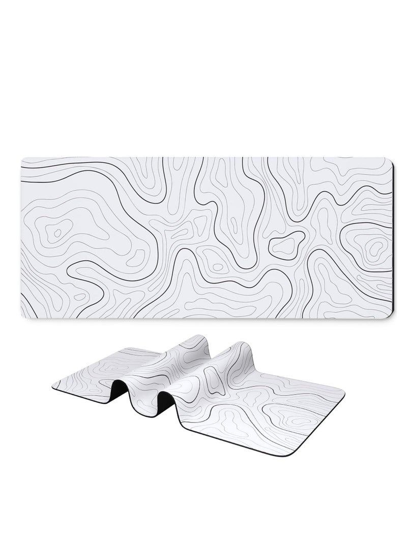 Milatech Large Gaming Mouse Pad with Stitched Edges, Minimalist Topographic Map Desk Mat, Extended XL Mousepad with Anti-Slip Base, Cool Desk Pad for Keyboard and Mouse, 31.5 x 11.8 in, White