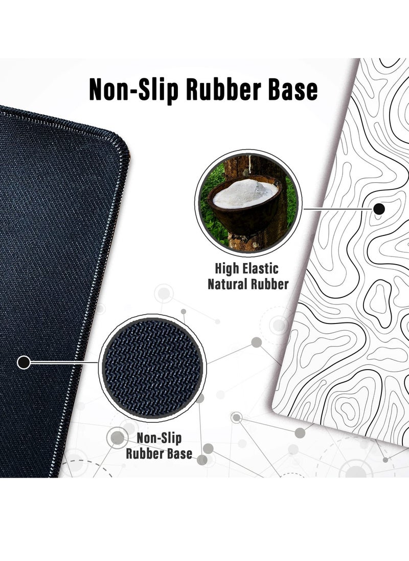 Milatech Large Gaming Mouse Pad with Stitched Edges, Minimalist Topographic Map Desk Mat, Extended XL Mousepad with Anti-Slip Base, Cool Desk Pad for Keyboard and Mouse, 31.5 x 11.8 in, White