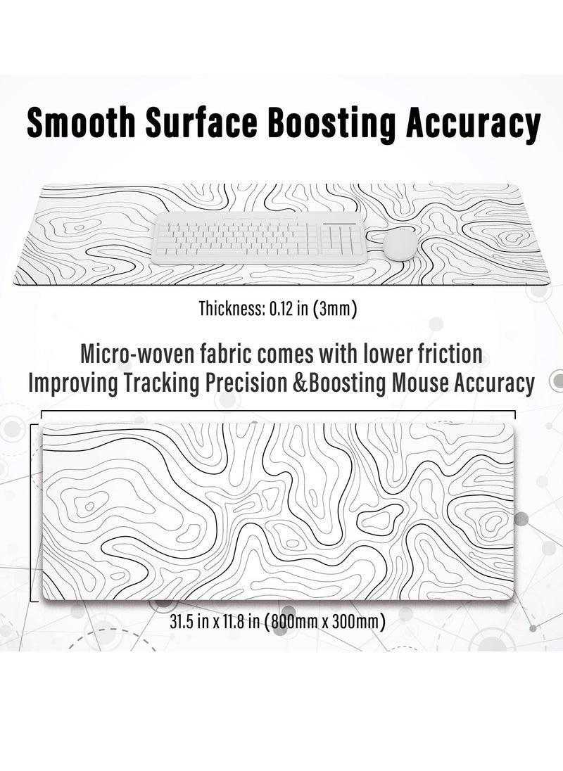 Milatech Large Gaming Mouse Pad with Stitched Edges, Minimalist Topographic Map Desk Mat, Extended XL Mousepad with Anti-Slip Base, Cool Desk Pad for Keyboard and Mouse, 31.5 x 11.8 in, White