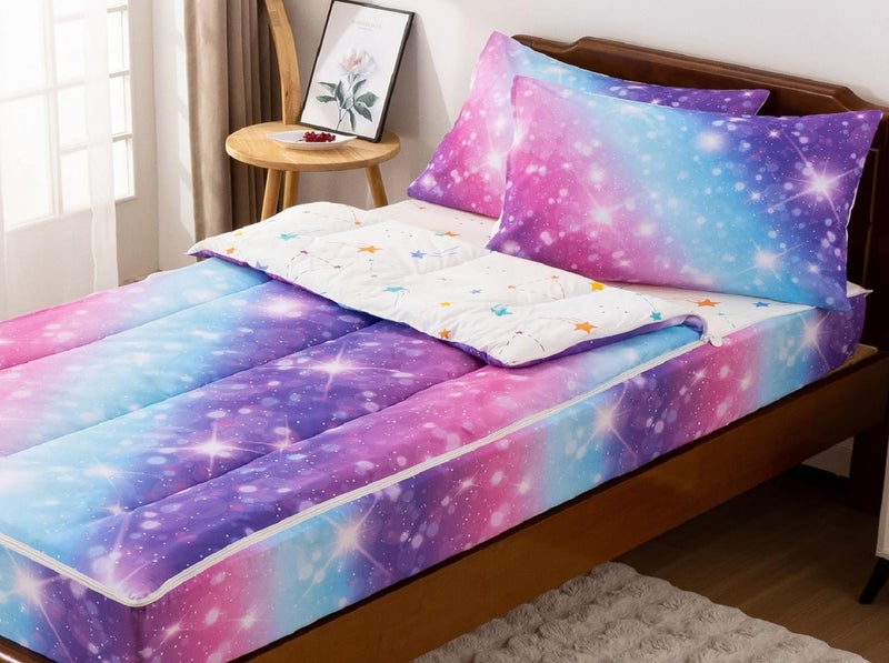 A Nice Night Zipper Bedding for Girls Gradient Glitter Comforter Set,Blue Purple Rainbow Galaxy Kids Bedding Set,Twin Size - Image 2