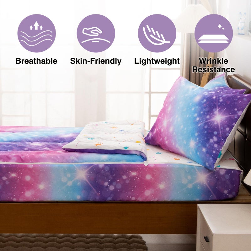A Nice Night Zipper Bedding for Girls Gradient Glitter Comforter Set,Blue Purple Rainbow Galaxy Kids Bedding Set,Twin Size - Image 3