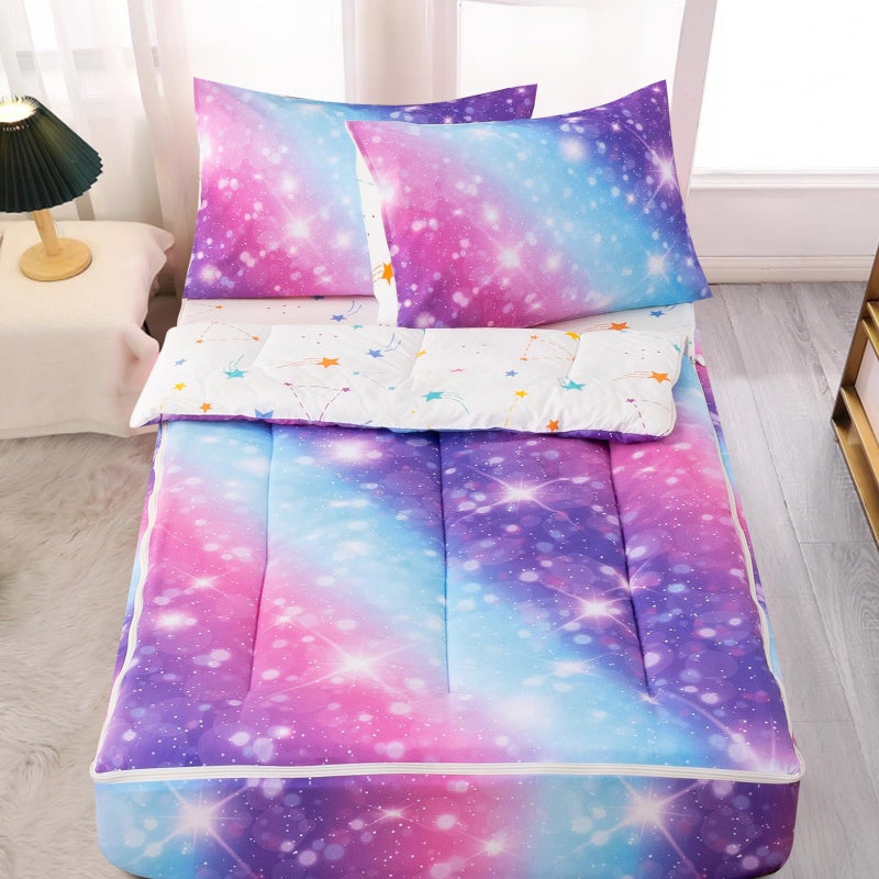A Nice Night Zipper Bedding for Girls Gradient Glitter Comforter Set,Blue Purple Rainbow Galaxy Kids Bedding Set,Twin Size - Image 1