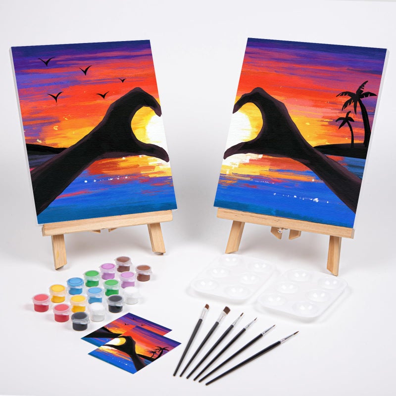 VOCHIC Sip and Paint Kit, Pre Drawn Canvas Couples Painting Party Kits Paint Art Set with Outline Canvas for Adults Date Night Couple Sunset Heart 2 Pack (12 x 16 Inches) - Image 2