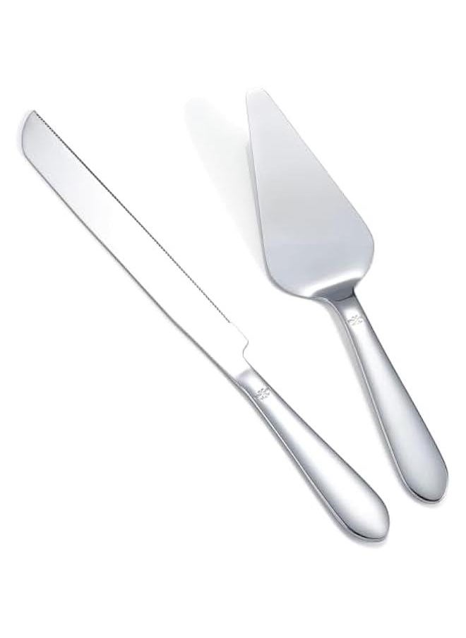 HOOKOR Cake Cutting Set for Wedding, Elegant Knife and Server with Thickened Stainless Steel Rounded Edges, Cutter Pie Spatula Birthday Anniversary  Gift of 2 (Silver)  - Image 1