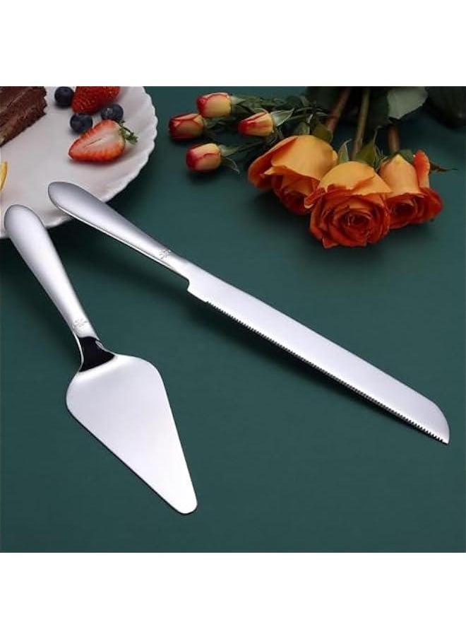 HOOKOR Cake Cutting Set for Wedding, Elegant Knife and Server with Thickened Stainless Steel Rounded Edges, Cutter Pie Spatula Birthday Anniversary  Gift of 2 (Silver)  - Image 2
