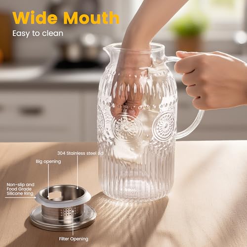 Bandesun Vintage Glass Pitcher with Lid, Heat Resistant Borosilicate Water Jug, 68 oz/ 2 Liter Water Pitcher with Handle and Spout for Fridge, Carafe for Hot/Cold Coffee, Tea,Beverage 1Pack - Image 4