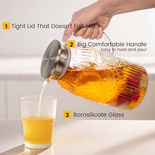 Bandesun Vintage Glass Pitcher with Lid, Heat Resistant Borosilicate Water Jug, 68 oz/ 2 Liter Water Pitcher with Handle and Spout for Fridge, Carafe for Hot/Cold Coffee, Tea,Beverage 1Pack - Image 3