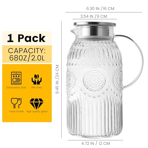 Bandesun Vintage Glass Pitcher with Lid, Heat Resistant Borosilicate Water Jug, 68 oz/ 2 Liter Water Pitcher with Handle and Spout for Fridge, Carafe for Hot/Cold Coffee, Tea,Beverage 1Pack - Image 2