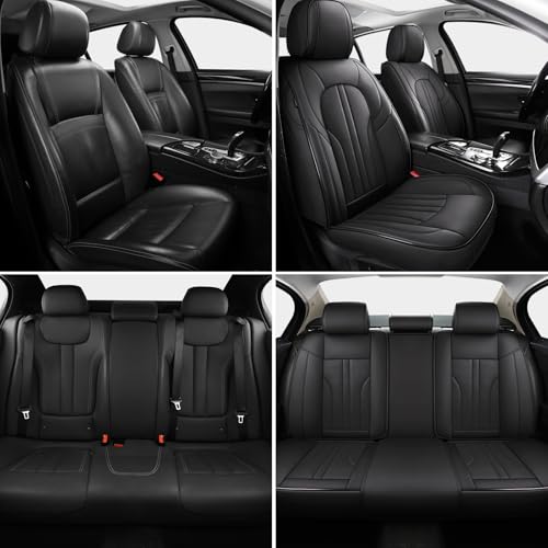 MINGBRON Car Seat Cover Full Set, Leather Car Seat Cover, Waterproof Seat Covers, Car Seat Cushion, Nappa Leather Seat Covers Car Seat Protector Universal Fit Most Cars Black - Image 3
