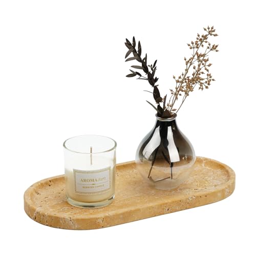 Koville Turkish Natural Travertine Decorative Marble Tray - 12"x6" Wabi Sabi Home Countertop Organizer, Catchall Tray for Perfume, Candles, Jewelry - Image 1