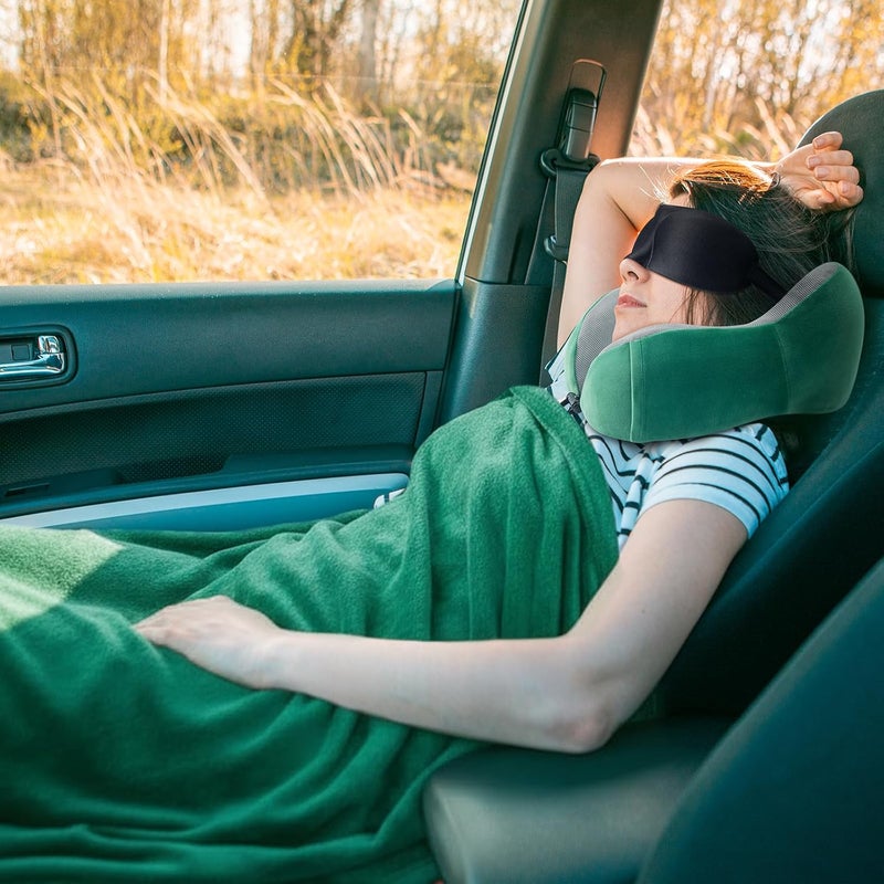 urnexttour Travel Pillow and Blanket Set Neck Pillows Travel Essentials with Sleep Mask for Airplane Car Memory Foam Green - Image 5