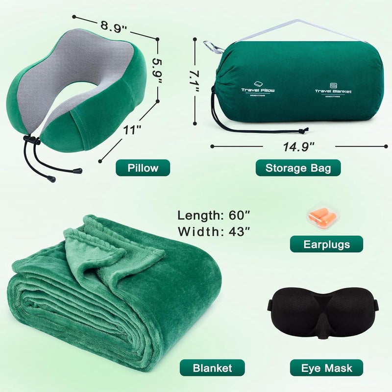 urnexttour Travel Pillow and Blanket Set Neck Pillows Travel Essentials with Sleep Mask for Airplane Car Memory Foam Green - Image 2
