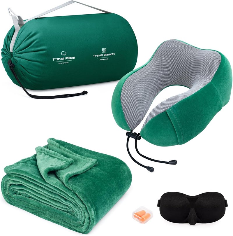 urnexttour Travel Pillow and Blanket Set Neck Pillows Travel Essentials with Sleep Mask for Airplane Car Memory Foam Green - Image 1
