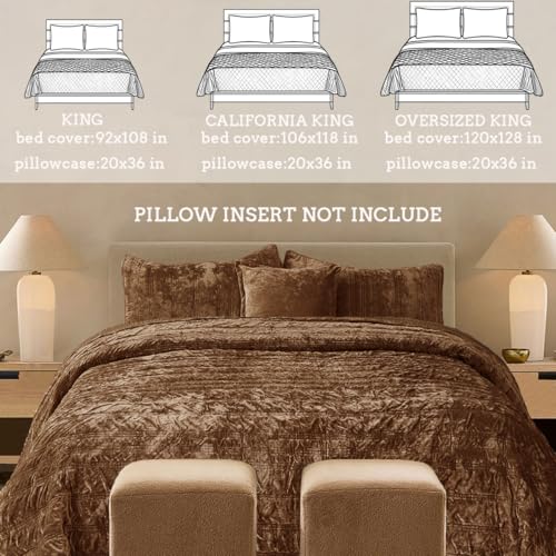 COCOPLOCEUS 3 Pieces Luxurious Velvet Oversized King Quilts Set 120x128 Ruched Bedspread Coverlet Quilted Bedding Set with 2 Pillow Shams 20x36 Ultra Soft Comforter for All Season, Caramel - Image 3