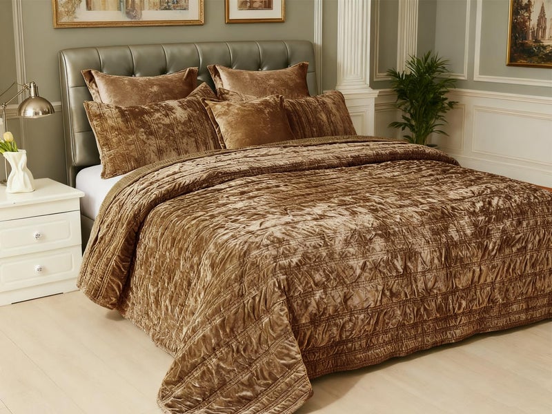 COCOPLOCEUS 3 Pieces Luxurious Velvet Oversized King Quilts Set 120x128 Ruched Bedspread Coverlet Quilted Bedding Set with 2 Pillow Shams 20x36 Ultra Soft Comforter for All Season, Caramel - Image 4