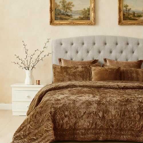 COCOPLOCEUS 3 Pieces Luxurious Velvet Oversized King Quilts Set 120x128 Ruched Bedspread Coverlet Quilted Bedding Set with 2 Pillow Shams 20x36 Ultra Soft Comforter for All Season, Caramel - Image 1