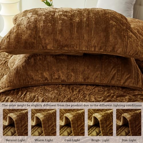 COCOPLOCEUS 3 Pieces Luxurious Velvet Oversized King Quilts Set 120x128 Ruched Bedspread Coverlet Quilted Bedding Set with 2 Pillow Shams 20x36 Ultra Soft Comforter for All Season, Caramel - Image 2