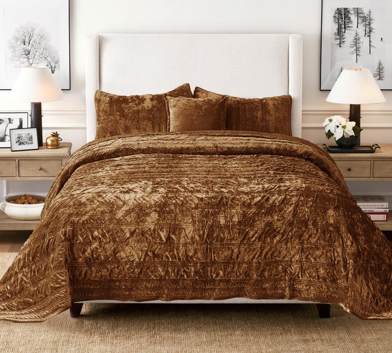 COCOPLOCEUS 3 Pieces Luxurious Velvet Oversized King Quilts Set 120x128 Ruched Bedspread Coverlet Quilted Bedding Set with 2 Pillow Shams 20x36 Ultra Soft Comforter for All Season, Caramel - Image 5