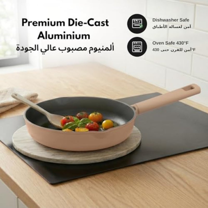 2.8 Litre Nonstick Saute Pan for healthy cooking, titanium-reinforced ceramic coating, taupe, PFAS PFOA-free, pour spout strainer lid, heat-resistant handle, all-stovetop compatible, dishwasher safe - Image 4