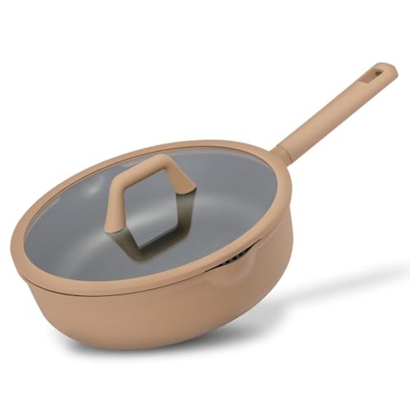 2.8 Litre Nonstick Saute Pan for healthy cooking, titanium-reinforced ceramic coating, taupe, PFAS PFOA-free, pour spout strainer lid, heat-resistant handle, all-stovetop compatible, dishwasher safe - Image 1