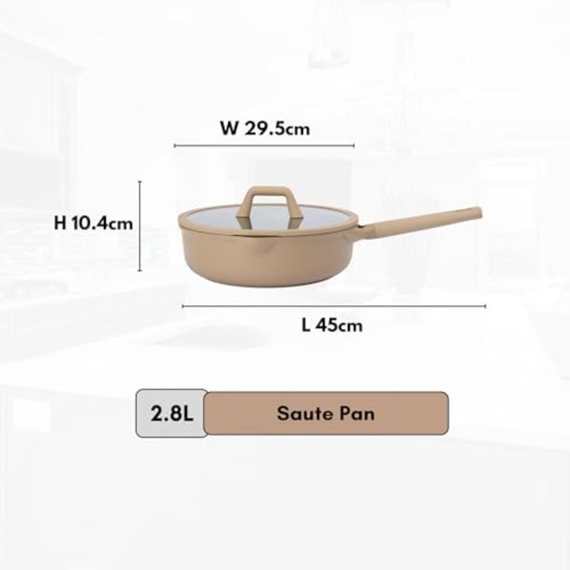 2.8 Litre Nonstick Saute Pan for healthy cooking, titanium-reinforced ceramic coating, taupe, PFAS PFOA-free, pour spout strainer lid, heat-resistant handle, all-stovetop compatible, dishwasher safe - Image 2