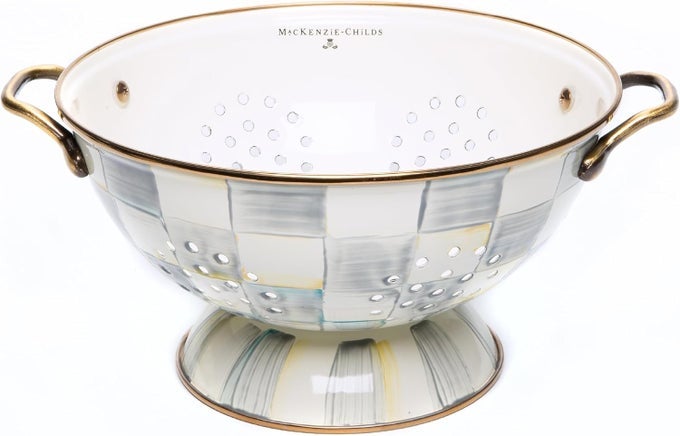 MACKENZIECHILDS ENAMEL COLANDER DECORATIVE KITCHEN STRAINER LARGE GRAYANDWHITE STERLING CHECK