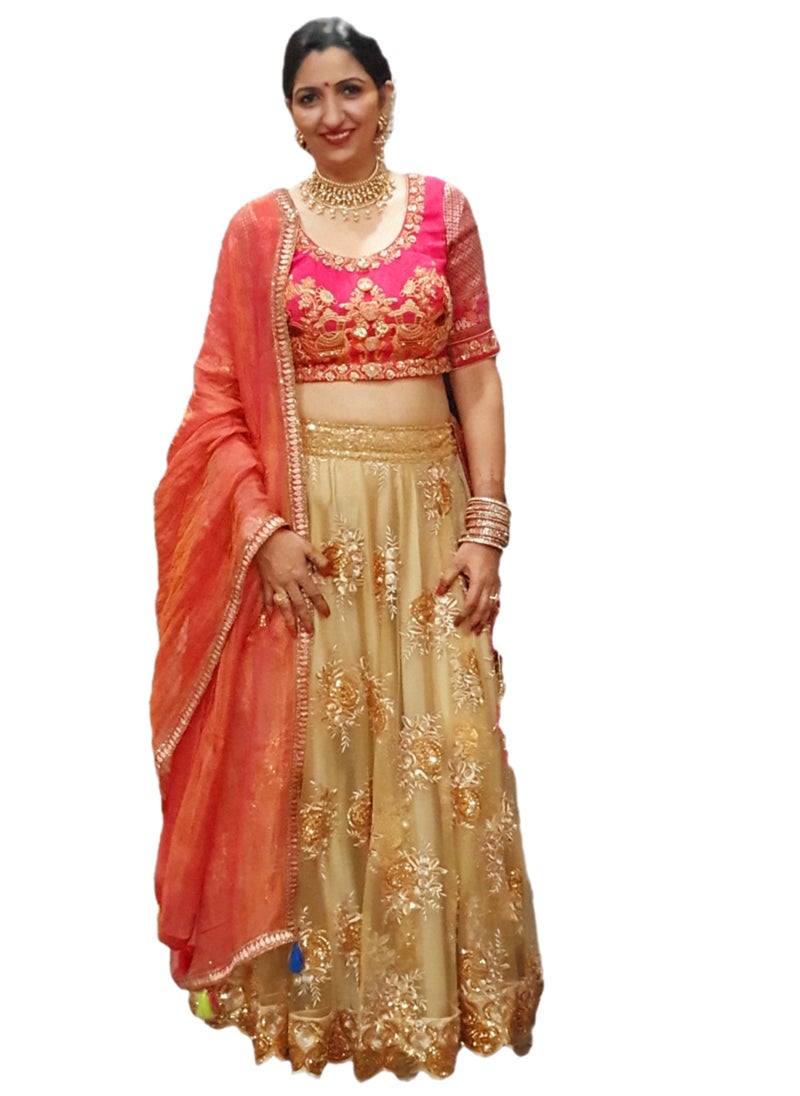 Grab Mantra Traditional Georgette Golden Lehenga With Embroidery With Kota Pink Dupatta Plus Stitched Medium Size Blouse  - Image 3