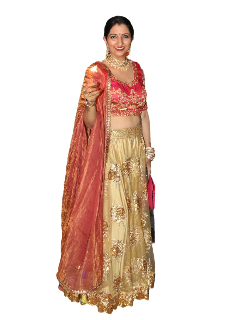 Grab Mantra Traditional Georgette Golden Lehenga With Embroidery With Kota Pink Dupatta Plus Stitched Medium Size Blouse  - Image 4