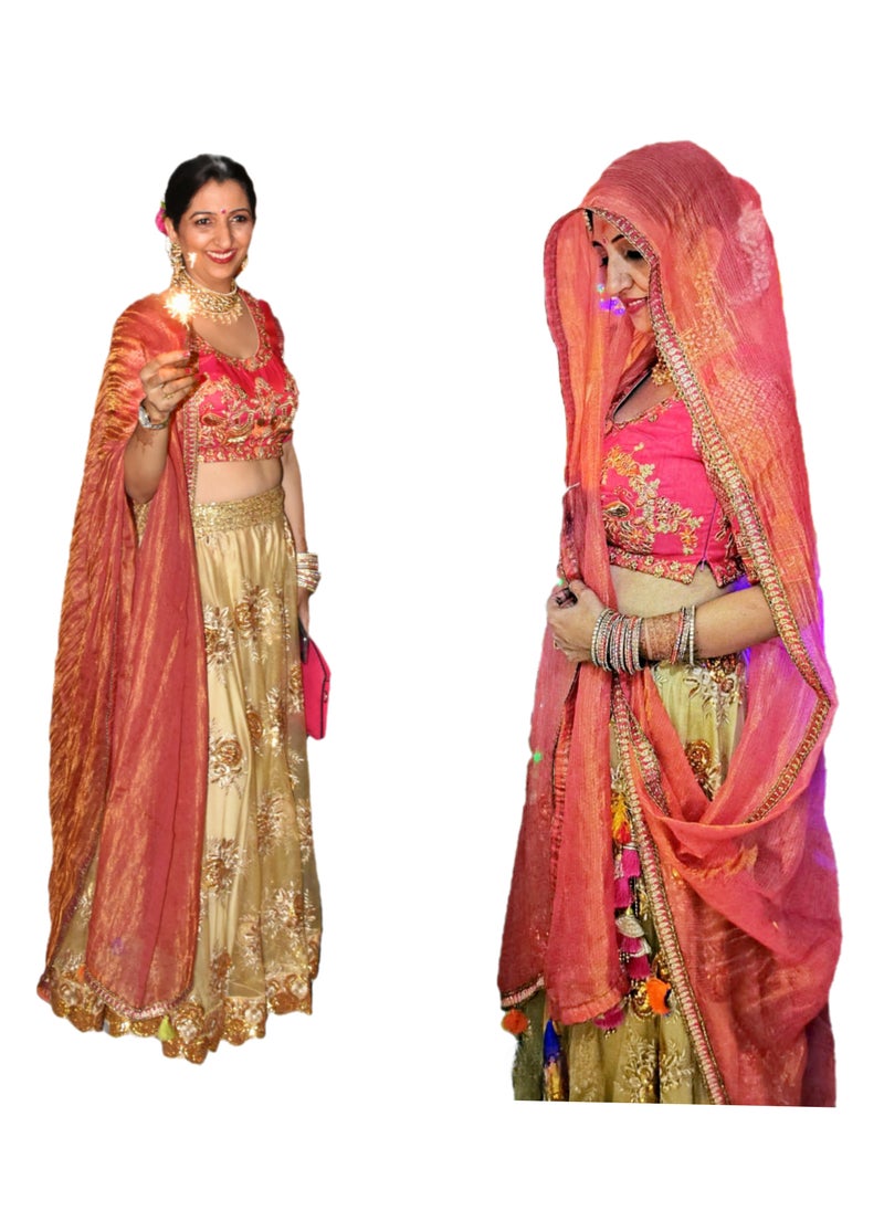Grab Mantra Traditional Georgette Golden Lehenga With Embroidery With Kota Pink Dupatta Plus Stitched Medium Size Blouse  - Image 2