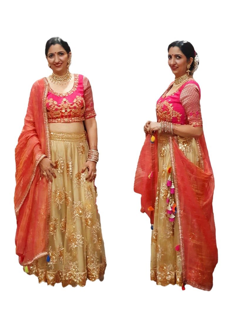 Grab Mantra Traditional Georgette Golden Lehenga With Embroidery With Kota Pink Dupatta Plus Stitched Medium Size Blouse  - Image 1