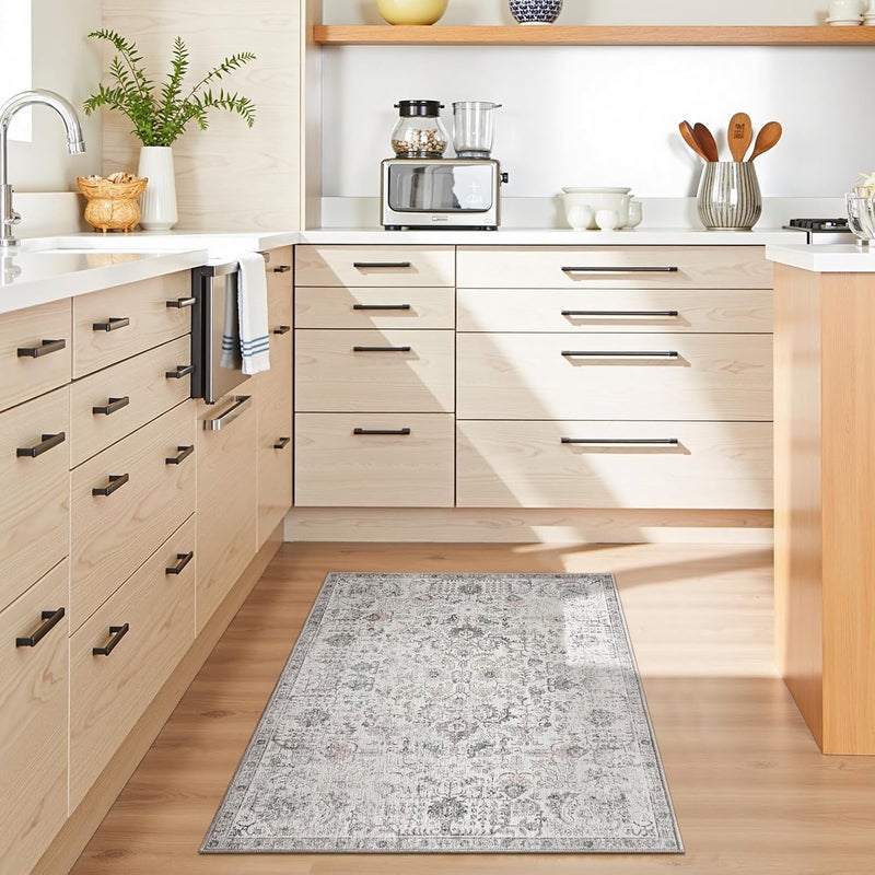 jinchan Area Rug 91x61CM Washable Rug Door Mat Vintage Indoor Entrance Thin Rug Retro Distressed Carpet Grey Floral Gray Country Boho Rug Non Slip Doormat Kitchen Bedroom - Image 4