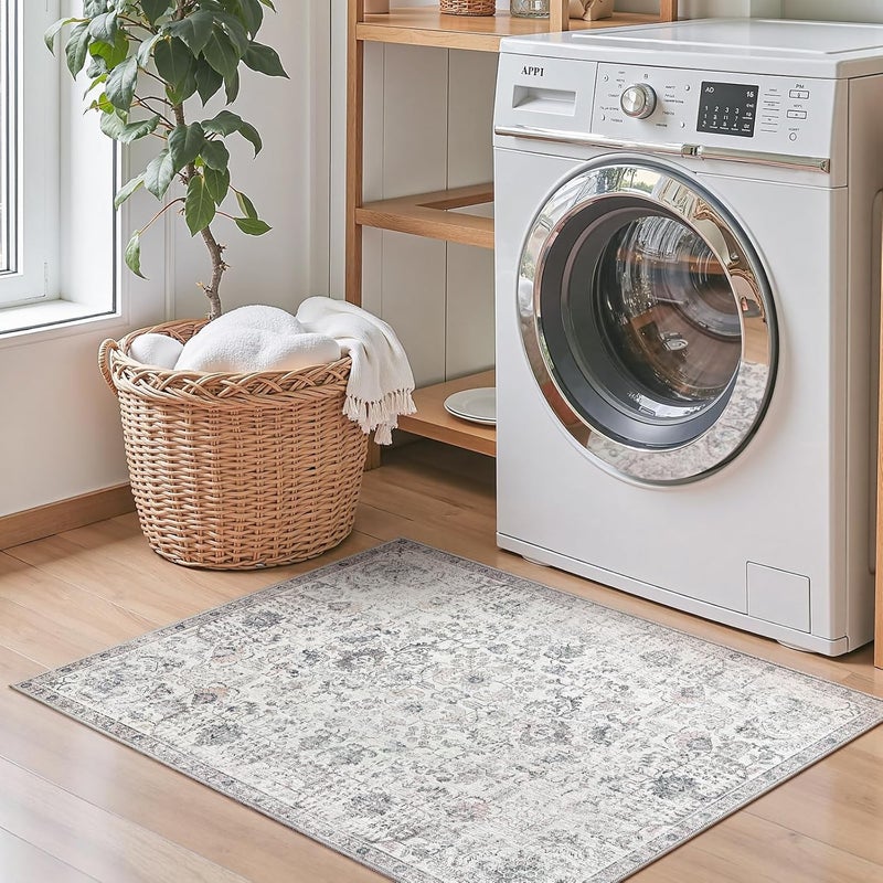 jinchan Area Rug 91x61CM Washable Rug Door Mat Vintage Indoor Entrance Thin Rug Retro Distressed Carpet Grey Floral Gray Country Boho Rug Non Slip Doormat Kitchen Bedroom - Image 2