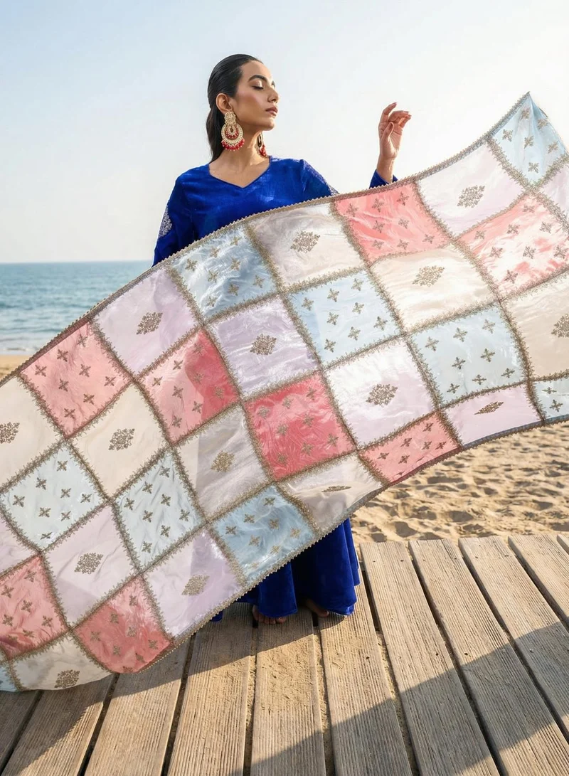 ISHIN blue Rich Blue Organza Patchwork Embroidered Anarkali Kurta Set for Women | Best Price UAE