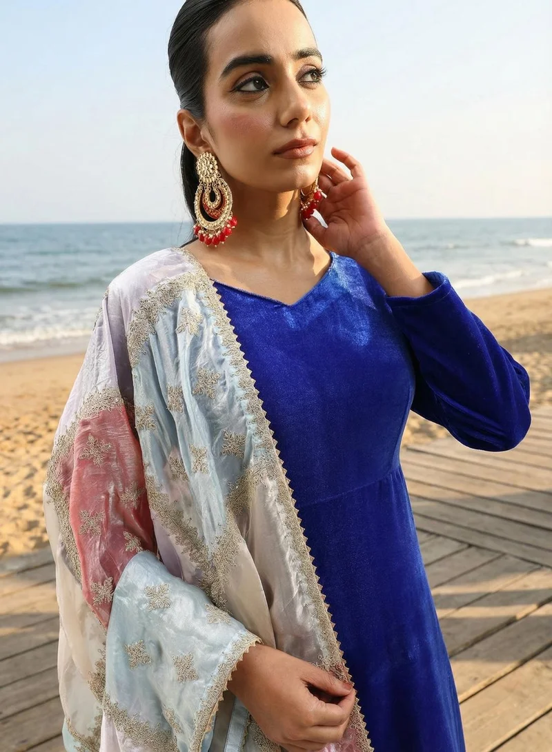 ISHIN blue Rich Blue Organza Patchwork Embroidered Anarkali Kurta Set for Women | Best Price UAE