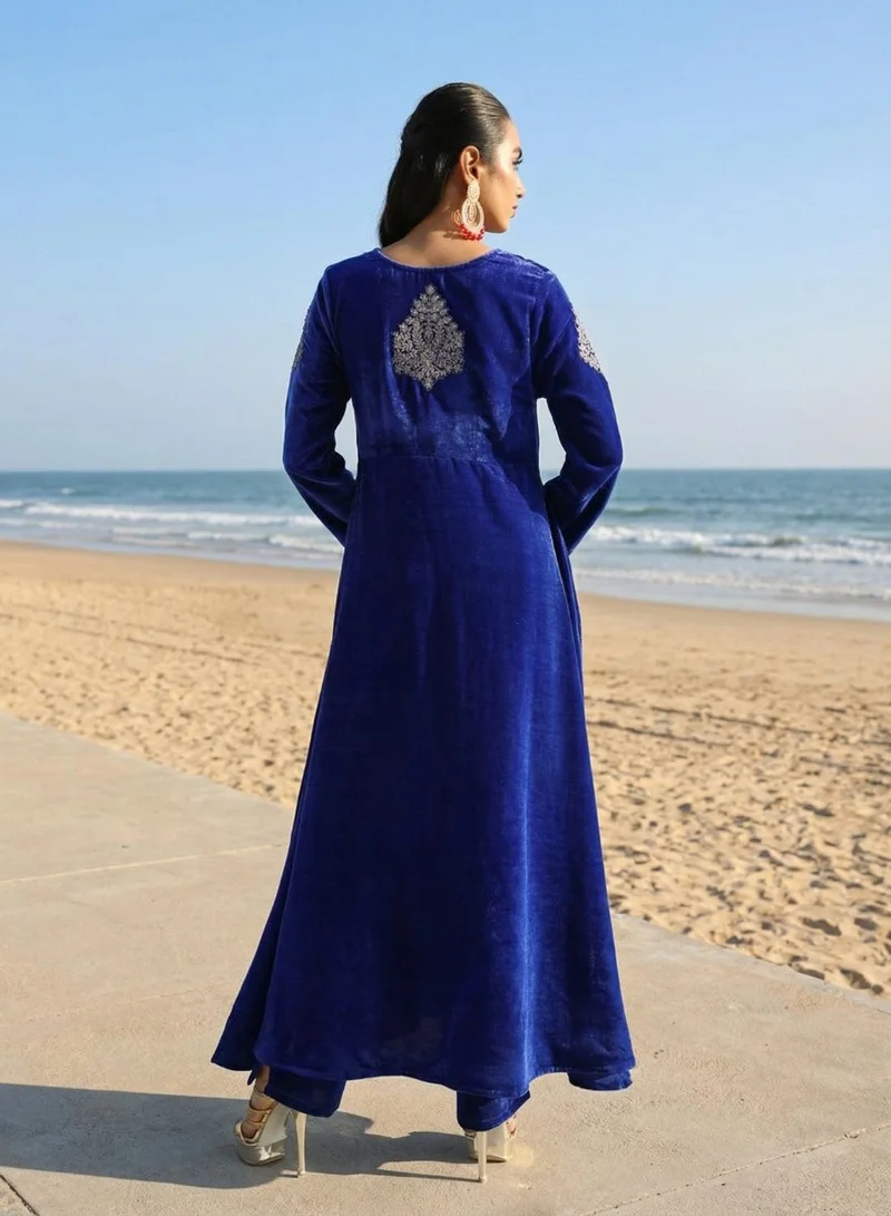 ISHIN blue Rich Blue Organza Patchwork Embroidered Anarkali Kurta Set for Women | Best Price UAE