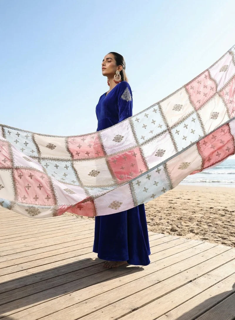 ISHIN blue Rich Blue Organza Patchwork Embroidered Anarkali Kurta Set for Women | Best Price UAE