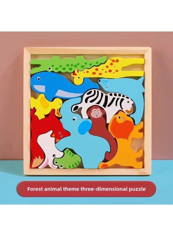 3D Cartoon Cognition Wooden Large Particle Puzzle for Kids Ages 2-4 Toys Parent-Child Interactive Montessori Toys for Children Learning Forest Animals Giraffe Elephant Fox Crocodile Zebra Monkey Rabbit and Color Early Education Toy - Image 1