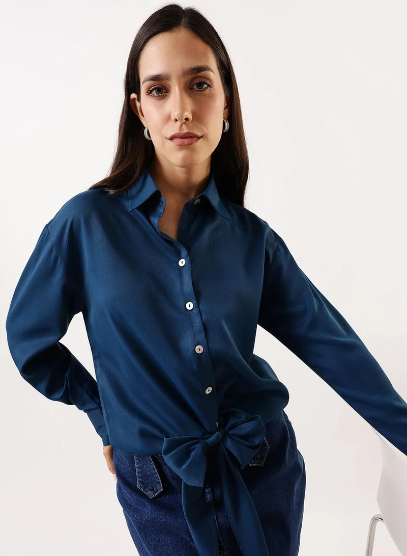 Dennis Lingo Women's Blue Opal Poly Twill Solid T-Shirt Regular Fit Tops