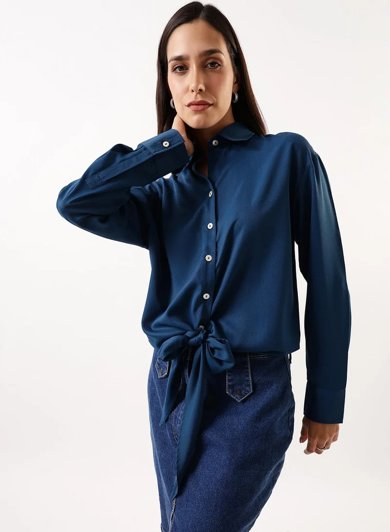 Dennis Lingo Women's Blue Opal Poly Twill Solid T-Shirt Regular Fit Tops